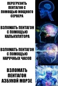 Перегрузить Пентагон с помощью мощного сервера Взломать Пентагон с помощью калькулятора Взломать Пентагон с помощью наручных часов Взломать пентагон азбукой морзе