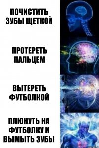 Почистить зубы щеткой Протереть пальцем Вытереть футболкой Плюнуть на футболку и вымыть зубы