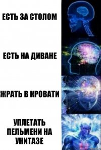 Есть за столом Есть на диване Жрать в кровати Уплетать пельмени на унитазе