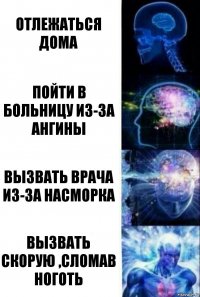 Отлежаться дома Пойти в больницу из-за ангины Вызвать врача из-за насморка Вызвать скорую ,сломав ноготь