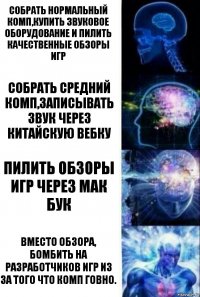 Собрать нормальный комп,купить звуковое оборудование и пилить качественные обзоры игр Собрать средний комп,записывать звук через китайскую вебку Пилить обзоры игр через мак бук Вместо обзора, бомбить на разработчиков игр из за того что комп говно.