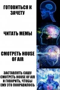 Готовиться к зачету Читать мемы Смотреть house of air Заставлять Сашу смотреть house of air и говорить, чтобы ему это понравилось