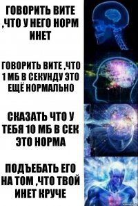 Говорить Вите ,что у него норм инет Говорить вите ,что 1 мб в секунду это ещё нормально Сказать что у тебя 10 мб в сек это норма Подъебать его на том ,что твой инет круче