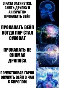 3 раза затянутся, снять дрипку и аккуратно прокапать вейп прокапать вейп когда пар стал суховат прокапать не снимая дрипоса почуствовав гарик окунуть вейп в чан с сиропом