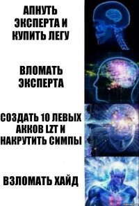 Апнуть Эксперта и купить легу вломать эксперта создать 10 левых акков lzt и накрутить симпы взломать хайд