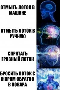 отмыть лоток в машине отмыть лоток в ручную спрятать грязный лоток бросить лоток с жиром обратно в повара