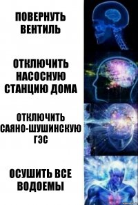 повернуть вентиль отключить насосную станцию дома отключить саяно-шушинскую ГЭС Осушить все водоемы