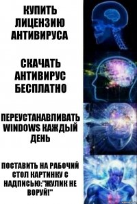 Купить лицензию антивируса Скачать антивирус бесплатно Переустанавливать windows каждый день Поставить на рабочий стол картинку с надписью:"Жулик не воруй!"