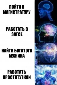 Пойти в магистратуру Работать в ЗАГСе Найти богатого мужика Работать проституткой