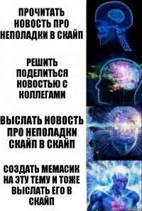 Прочитать новость про неполадки в Скайп Решить поделиться новостью с коллегами Выслать новость про неполадки Скайп в Скайп Создать мемасик на эту тему и тоже выслать его в Скайп