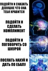 Подойти и сказать девушке что она тебя нравится Подойти и сделать комплимент Подойти и поговорить со шкурой Послать нахуй и дать по ебалу