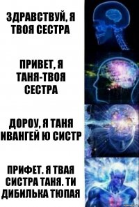 Здравствуй, я твоя сестра Привет, я Таня-твоя сестра Дороу, я Таня ивангей ю систр Прифет. Я твая систра Таня. Ти дибилька тюпая