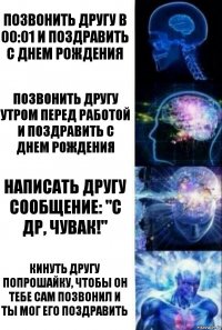 Позвонить другу в 00:01 и поздравить с днем рождения Позвонить другу утром перед работой и поздравить с днем рождения Написать другу сообщение: "С др, чувак!" Кинуть другу попрошайку, чтобы он тебе сам позвонил и ты мог его поздравить