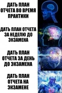 Дать план отчета во время практики Дать план отчета за неделю до экзамена Дать план отчета за день до экзамена Дать план отчета на экзамене