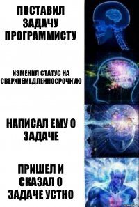 Поставил задачу программисту Изменил статус на сверхнемедленносрочную Написал ему о задаче Пришел и сказал о задаче устно