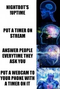 nightbot's !uptime put a timer on stream answer people everytime they ask you put a webcam to your phone with a timer on it