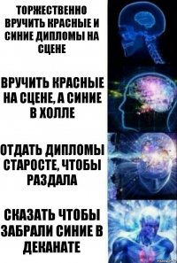 Торжественно вручить красные и синие дипломы на сцене Вручить красные на сцене, а синие в холле Отдать дипломы старосте, чтобы раздала Сказать чтобы забрали синие в деканате