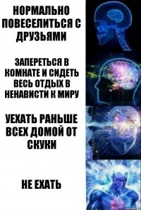 нормально повеселиться с друзьями запереться в комнате и сидеть весь отдых в ненависти к миру уехать раньше всех домой от скуки не ехать