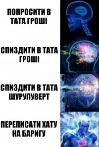 Попросити в тата гроші Спиздити в тата гроші Спиздити в тата шурупуверт Переписати хату на баригу