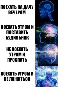 Поехать на дачу вечером Поехать утром и поставить будильник Не поехать утром и проспать Поехать утром и не ложиться