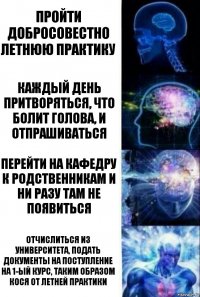 Пройти добросовестно летнюю практику Каждый день притворяться, что болит голова, и отпрашиваться Перейти на кафедру к родственникам и ни разу там не появиться Отчислиться из университета, подать документы на поступление на 1-ый курс, таким образом кося от летней практики