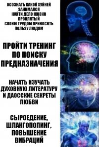 Осознать какой хуйней занимался
Найти дело жизни
проклятый
Своим трудом приносить пользу людям Пройти тренинг по поиску предназначения Начать изучать духовную литературу и даосские секреты любви СЫРОЕДЕНИЕ, ШЛАНГОПОПИНГ, ПОВЫШЕНИЕ ВИБРАЦИЙ