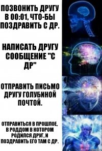 Позвонить другу в 00:01, что-бы поздравить с ДР. Написать другу сообщение "С др" Отправить письмо другу голубиной почтой. Отправиться в прошлое, в роддом в котором родился друг, и поздравить его там с ДР.