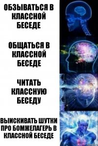 Обзываться в классной беседе Общаться в классной беседе Читать классную беседу Выискивать шутки про бомжелагерь в классной беседе