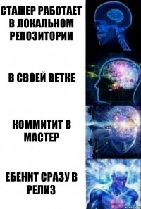 СТАЖЕР РАБОТАЕТ В ЛОКАЛЬНОМ РЕПОЗИТОРИИ В СВОЕЙ ВЕТКЕ КОММИТИТ В МАСТЕР ЕБЕНИТ СРАЗУ В РЕЛИЗ