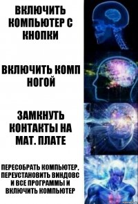 включить компьютер с кнопки включить комп ногой замкнуть контакты на мат. плате пересобрать компьютер, переустановить виндовс и все программы и включить компьютер