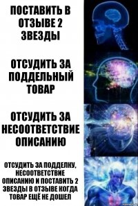 Поставить в отзыве 2 звезды Отсудить за поддельный товар Отсудить за несоответствие описанию Отсудить за подделку, несоответствие описанию и поставить 2 звезды в отзыве когда товар ещё не дошел