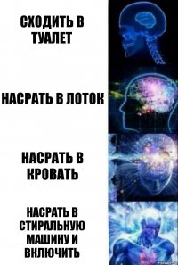 Сходить в туалет Насрать в лоток Насрать в кровать Насрать в стиральную машину и включить