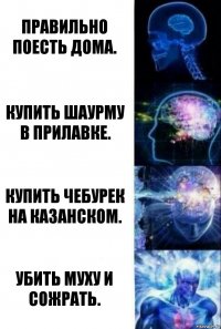 Правильно поесть дома. Купить шаурму в прилавке. Купить чебурек на казанском. Убить муху и сожрать.