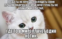 когда ты не хочешь послушать свою лучшую подругу, которая хочет чтоб ты не плакал и не грустил, где то в мире плачет один котик.