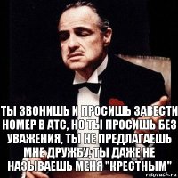 Ты звонишь и просишь завести номер в атс, но ты просишь без уважения, ты не предлагаешь мне дружбу, ты даже не называешь меня "Крестным"