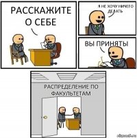 Расскажите о себе я не хочу ничего делать Вы приняты Распределение по факультетам