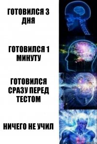 Готовился 3 дня Готовился 1 минуту Готовился сразу перед тестом Ничего не учил