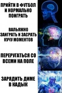 Прийти в футбол и нормально поиграть Вальяжно заиграть и засрать кучу моментов Переругаться со всеми на поле Зарядить Диме в кадык