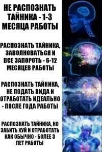 Не распознать тайника - 1-3 месяца работы распознать тайника, заволноваться и все запороть - 6-12 месяцев работы распознать тайника, не подать вида и отработать идеально - после года работы распознать тайника, но забить хуй и отработать как обычно - более 3 лет работы