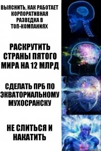 Выяснить, как работает корпоративная разведка в топ-компаниях Раскрутить страны пятого мира на 12 млрд Сделать прб по экваториальному мухосранску Не слиться и накатить