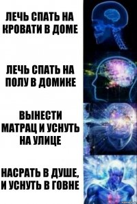 лечь спать на кровати в доме лечь спать на полу в домике вынести матрац и уснуть на улице насрать в душе, и уснуть в говне