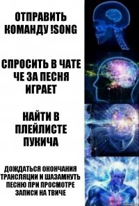 Отправить команду !song Спросить в чате че за песня играет Найти в плейлисте пукича Дождаться окончания трансляции и шазамнуть песню при просмотре записи на твиче