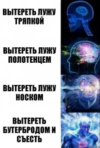 Вытереть лужу тряпкой Вытереть лужу полотенцем Вытереть лужу носком Вытереть бутербродом и съесть