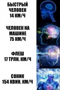 Быстрый человек
14 км/ч Человек на машине
75 км/ч Флеш
17 трлн. км/ч Соник
154 квин. км/ч