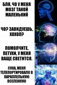 Бля, чо у меня мозг такой маленький Чо? Завидуешь, хохол? Помолчите, петухи, у меня ваще светится. Сука, меня телепортировало в параллельную вселенную