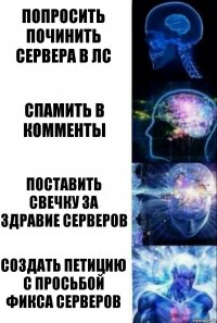 Попросить починить сервера в лс Спамить в комменты Поставить свечку за здравие серверов Создать петицию с просьбой фикса серверов