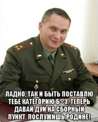  ладно, так и быть поставлю тебе категорию б - 3. теперь давай дуй на сборный пункт. послужишь родине!