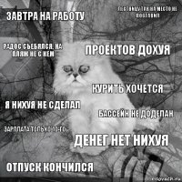 Завтра на работу Бассейн не доделан Проектов дохуя Отпуск кончился Я нихуя не сделал Лестницу так на место не поставил Денег нет нихуя Радос съебялся, на пляж не с кем Зарплата только 10-го курить хочется