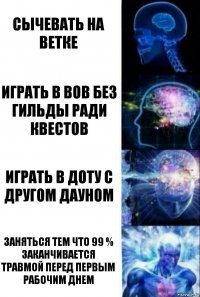 Сычевать на ветке Играть в ВоВ без гильды ради квестов Играть в Доту с другом дауном Заняться тем что 99 % заканчивается травмой перед первым рабочим днем