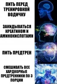 пИТЬ ПЕРЕД ТРЕНИРОВКОЙ ВОДИЧКУ ЗАКИДЫВАТЬСЯ КРЕАТИНОМ И АМИНОКИСЛОТАМИ ПИТЬ ПРЕДТРЕН СМЕШИВАТЬ ВСЕ ХАРДКОРНЫЕ ПРЕДТРЕННИКИ ПО 3 ПОРЦИИ